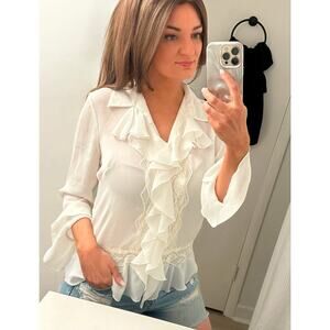 Y2k Size 12 White Chiffon Ruffle Lace Poet Blouse Top